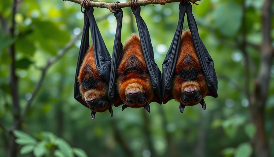 Three bats hanging upside down from a branch, New Jersey.