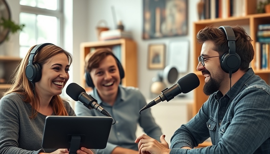 Podcast conversation with three people smiling and engaged.
