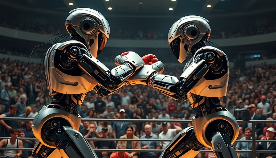 Humanoid robots boxing in a crowded arena.