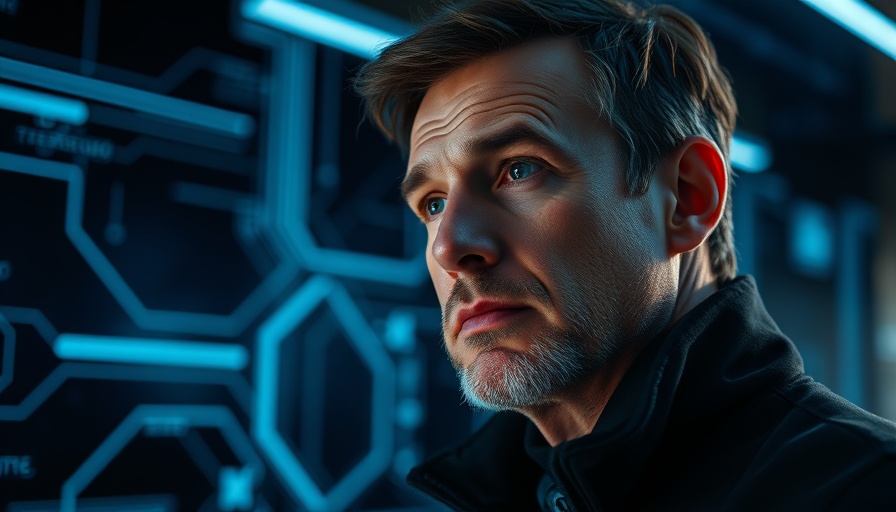 Thoughtful man explores AI in business opportunities, digital background.