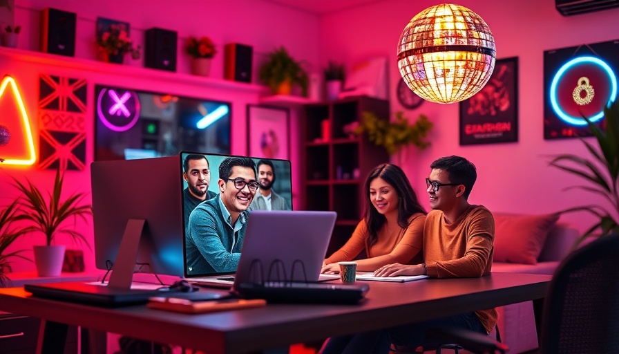 Team of Creators on video call, vibrant remote work setup.