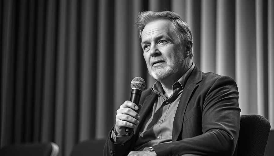 AI in Business for MedSpa Owners: man speaking into microphone, monochrome.