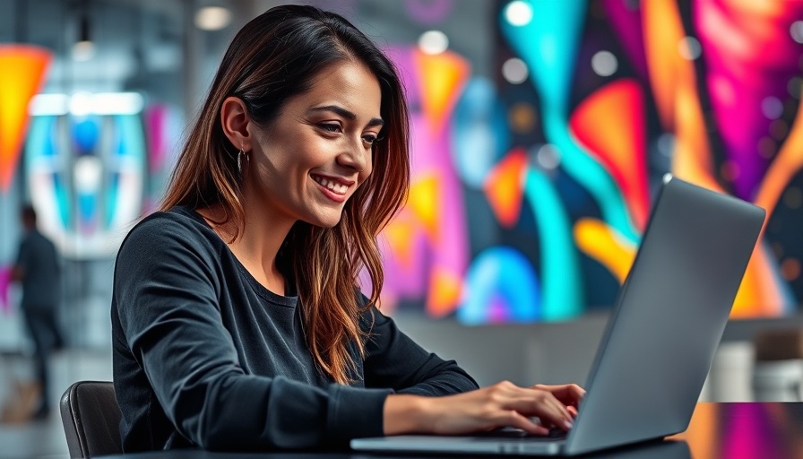 Creative digital art of woman blogging on laptop, modern colorful setting.