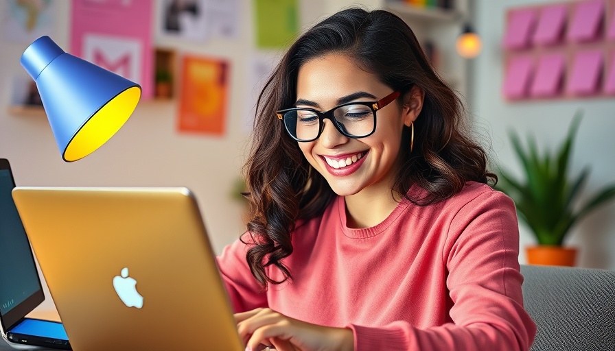 Blogging benefits for business: Woman using laptop in creative workspace.