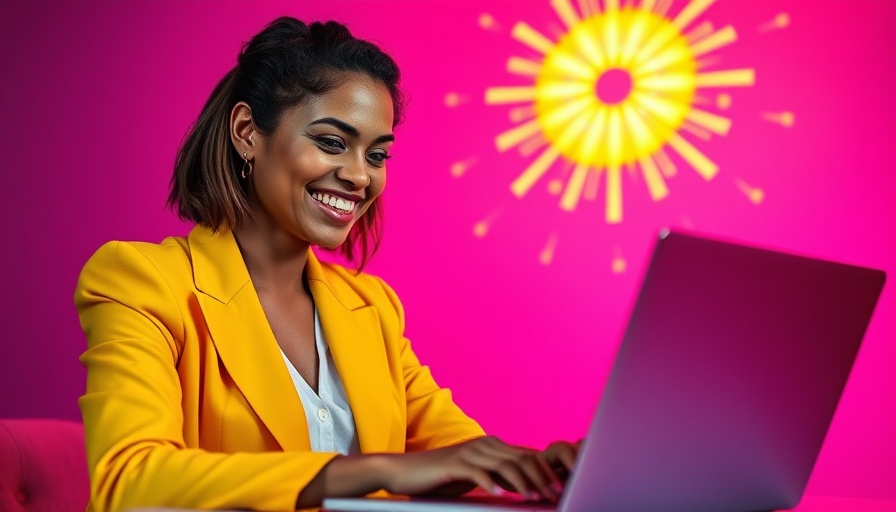 Cheerful woman using laptop with vibrant digital icon background.