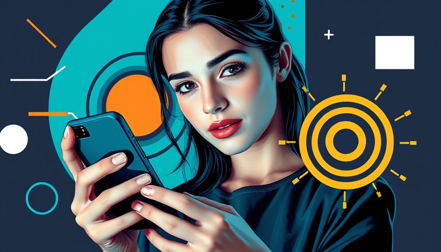 Young woman analyzing smartphone for target audience analysis with graphic elements.
