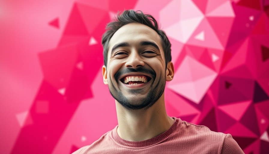 Smiling man, vibrant geometric background, turn a hobby into a business.