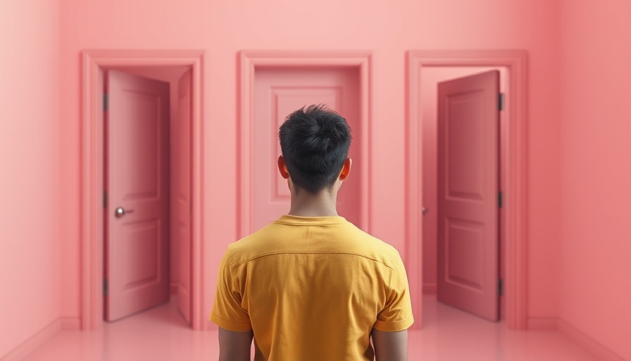 Abstract art of man in front of open doors, symbolic of choices.