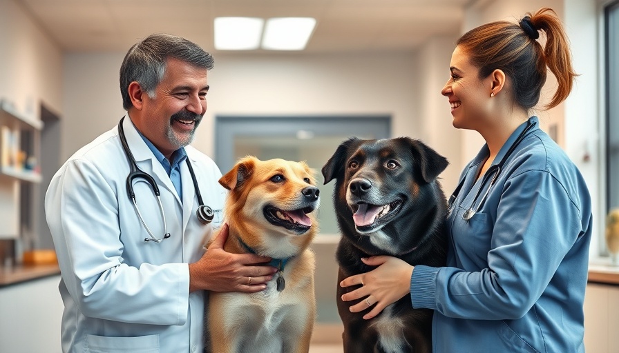 Successful veterinary clinic scene with happy vet and pet owner.