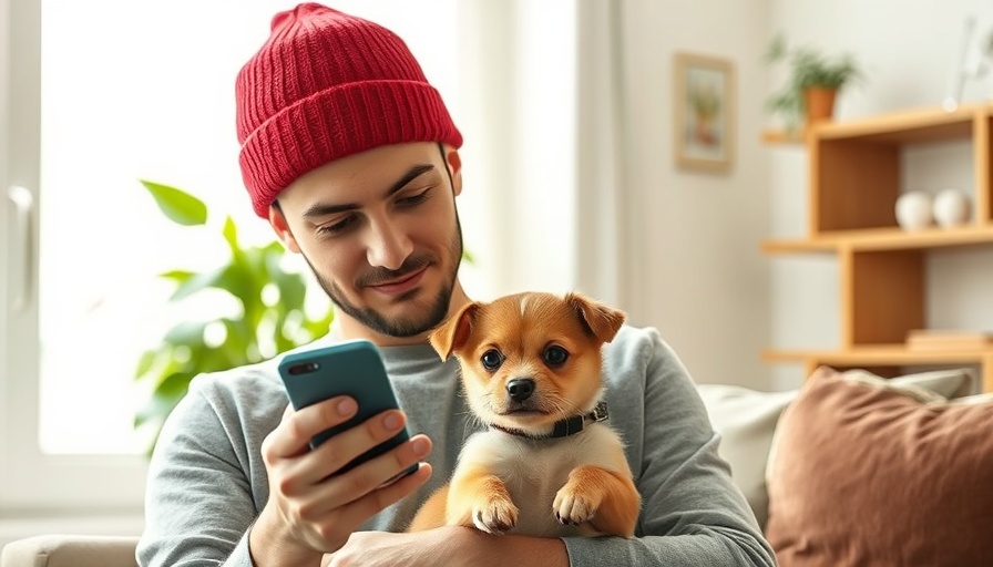 Young man using smartphone with dog, exploring social media algorithm for MedSpas.
