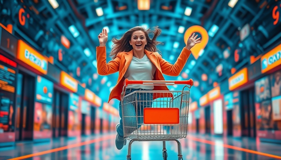 Energetic young woman with shopping cart in AI-themed scene.