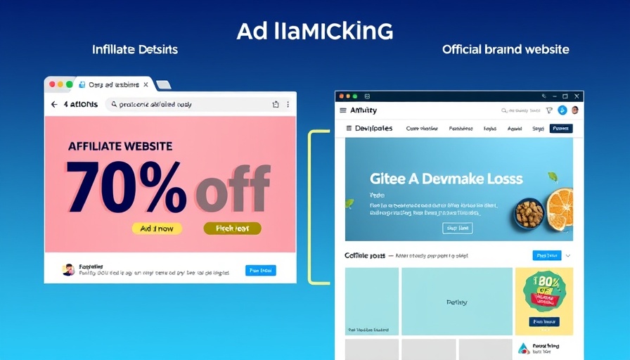 Ad hijacking illustration showing affiliate ad and official website distinction.