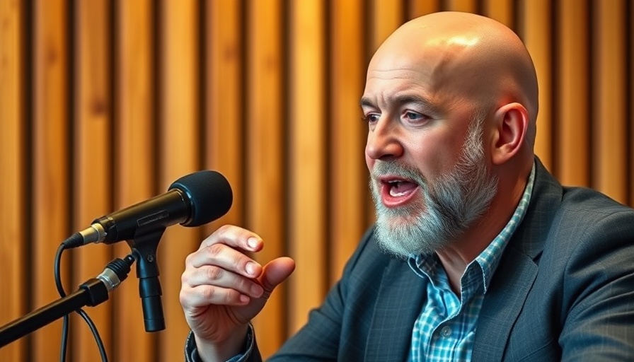 Man passionately speaking on a podcast with a vibrant background.