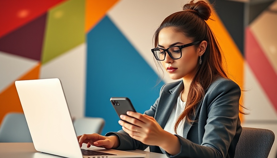 Woman using laptop with social media app, vibrant background.