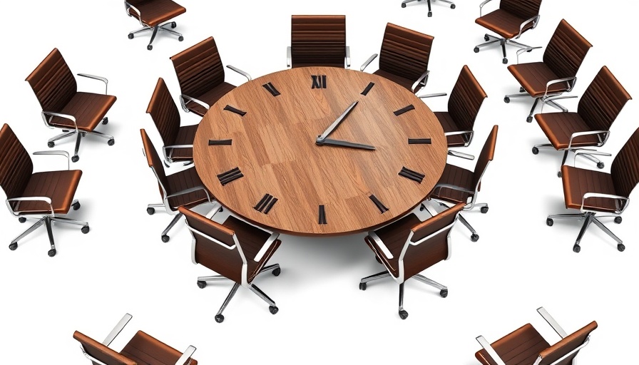 Conceptual clock table with diverse chairs, inclusion theme.