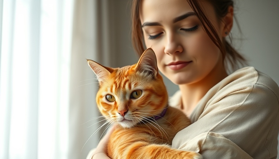 Calm woman and one-eyed orange cat, reducing feline stress.