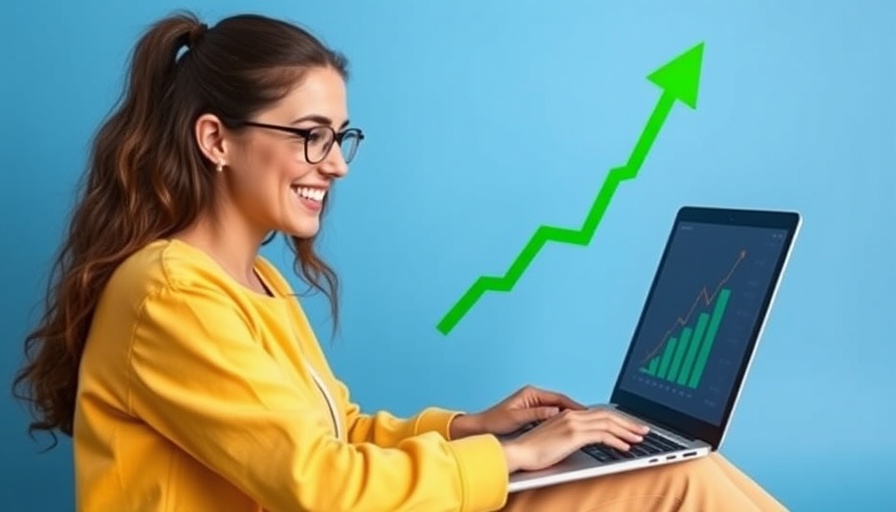 Cheerful woman with laptop showing Google Ads Performance Max growth, blue background.