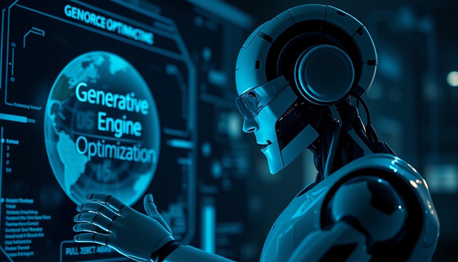 Futuristic robot demonstrating Generative Engine Optimization on screen.