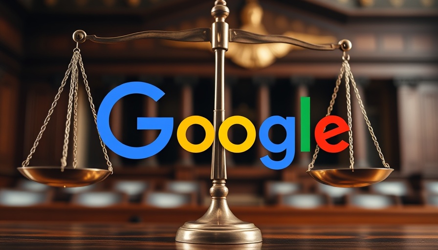 Conceptual image of Google monopoly ruling with scales of justice.