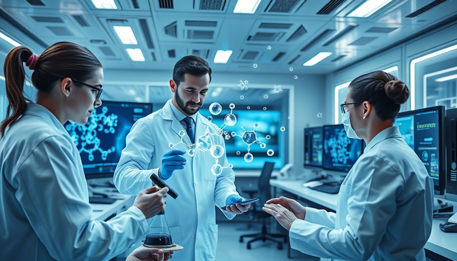 Futuristic lab illustrating AI-driven drug discovery with holograms.