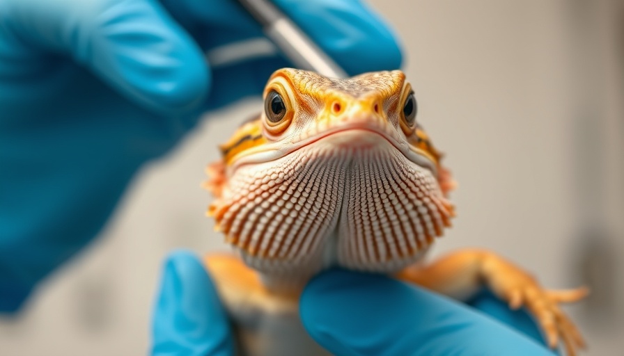 Bearded dragon in vet exam for Herp Adoption Program.