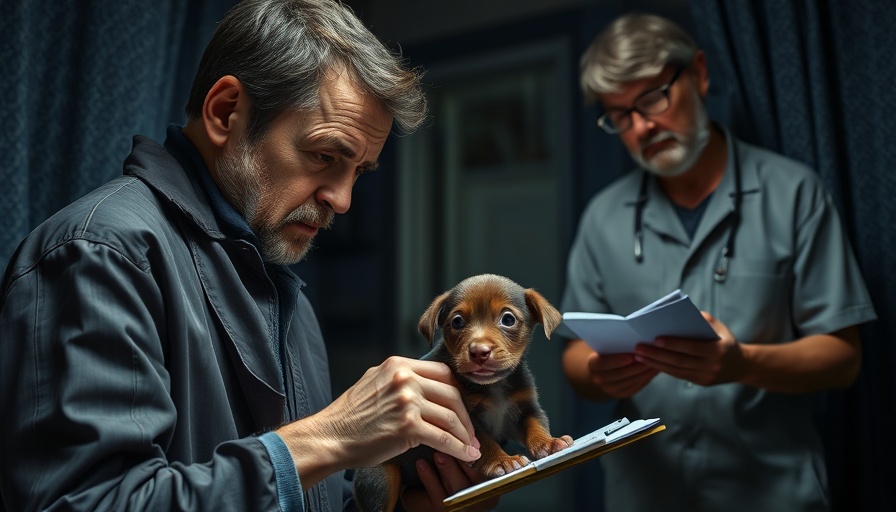 Rescue workers examining a puppy rescued from neglect indoors.