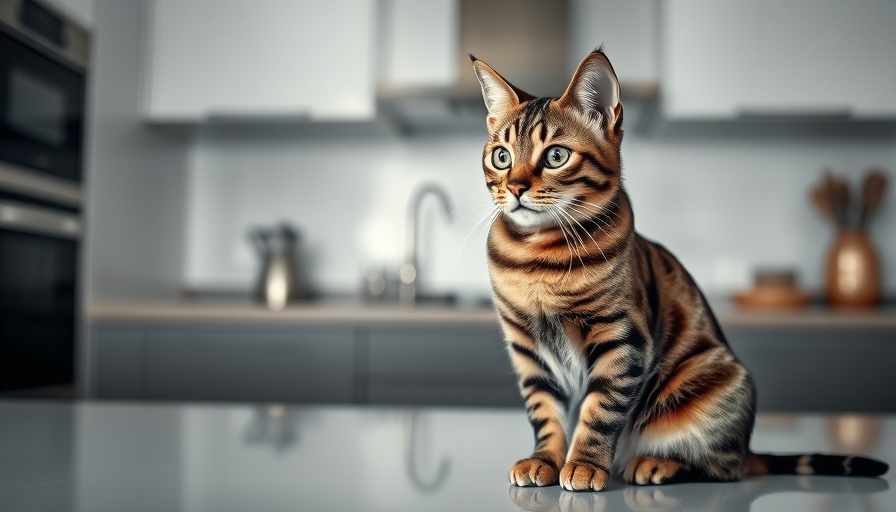 Bengal cat sitting in modern kitchen, illustrating nutritional precision in veterinary practice.