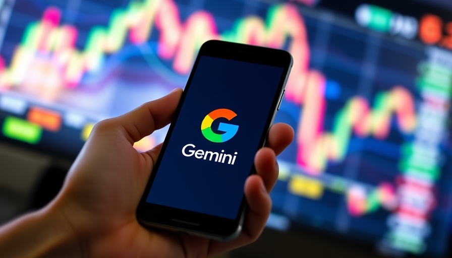 Google Gemini app on phone with stock charts in background.
