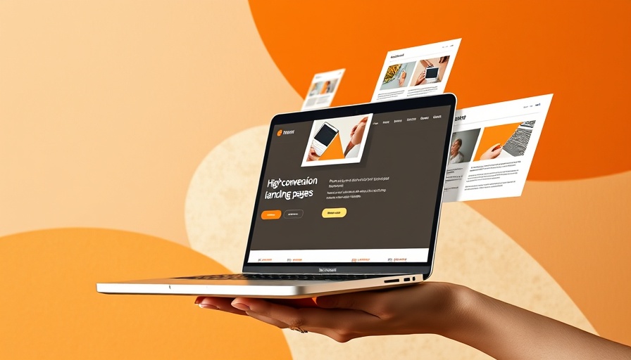 Artistic collage of a hand holding a laptop with landing pages, vibrant backdrop.