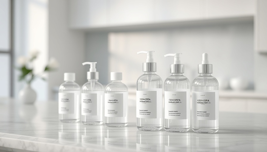 Minimalist display of essential chemicals for MedSpas on marble.