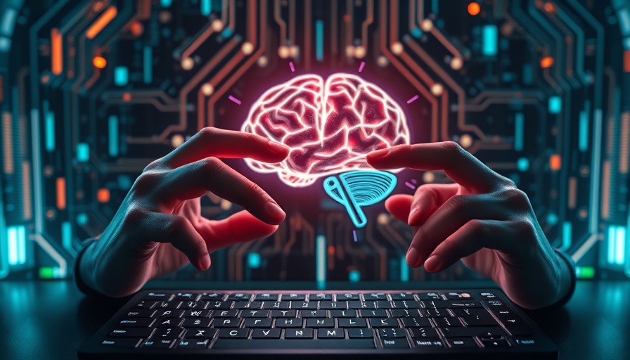 Futuristic AI concept with digital brain hologram and keyboard