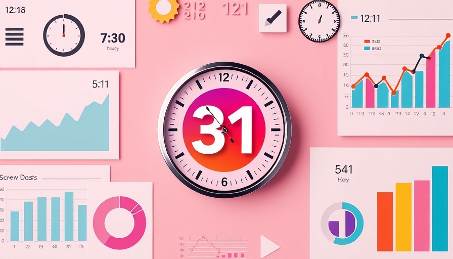Instagram analytics graphics with clock and calendar on pink background.