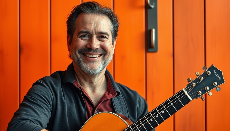Confident mature man smiling with guitar in bright interior.
