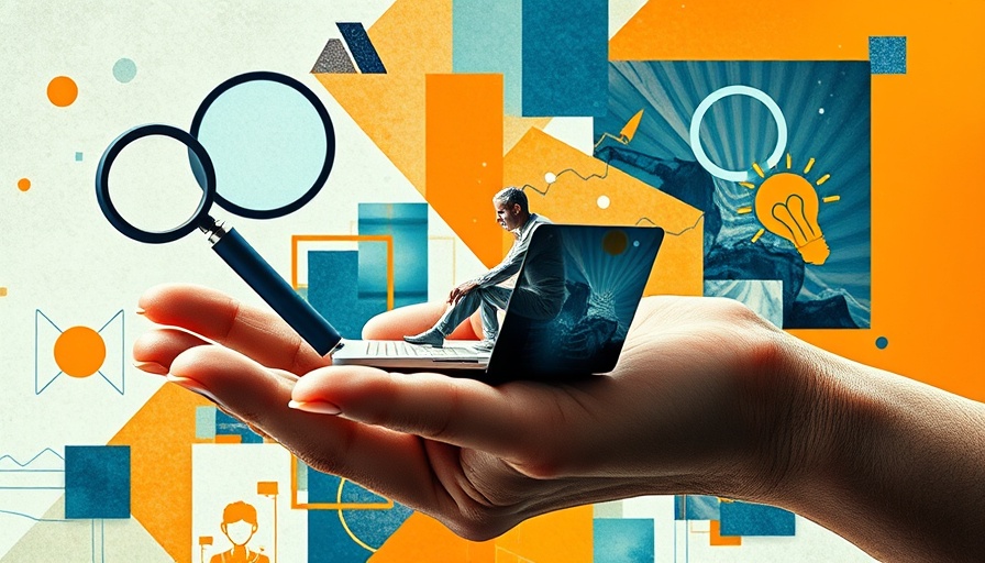Surreal collage art featuring digital search themes.