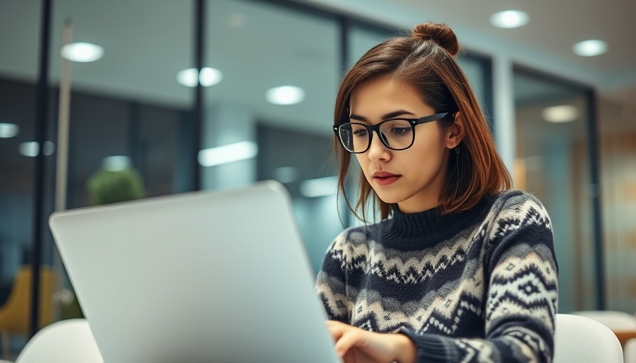 Young woman focused on laptop work in modern office, bulk updates on WordPress.