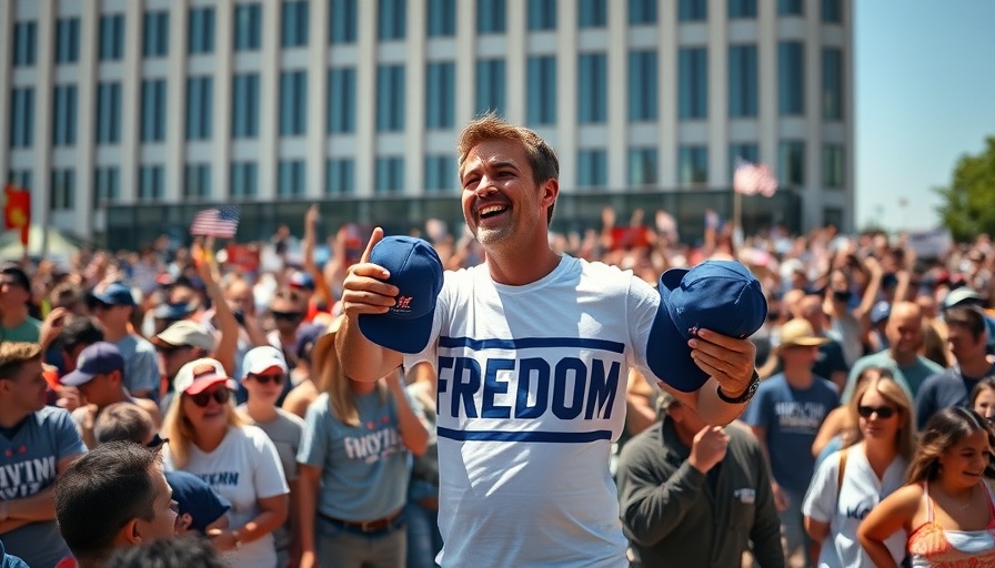 Outdoor political rally with man distributing hats under sunny sky.
