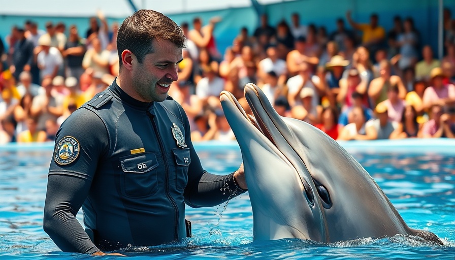 San Diego Police Officer Dolphin Trainer interacts with dolphin.