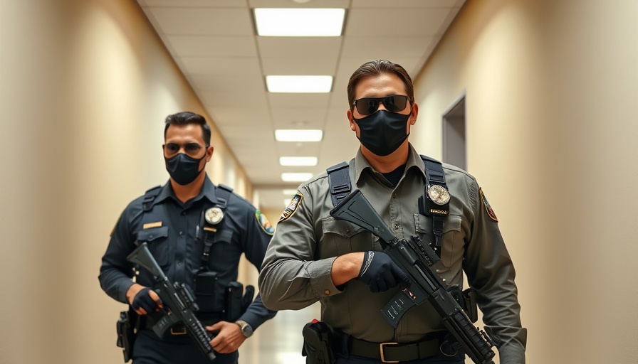 Law enforcement officers in masks in California hallway, mask policy scene