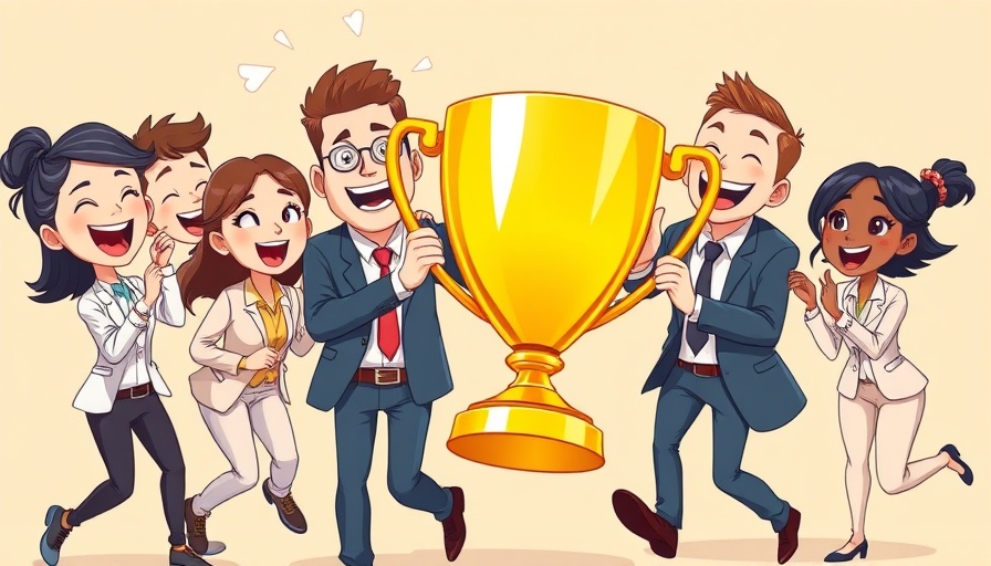 Animated illustration of professionals depicting ASPCA 2025 Humane Awards winners carrying a large golden trophy.