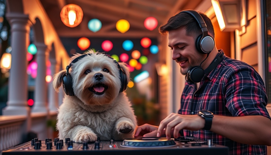 Dog and man DJ party on porch, vibrant evening with colorful lights.