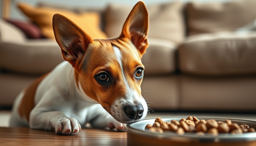 Jack Russell Terrier with dog food in cozy living room.