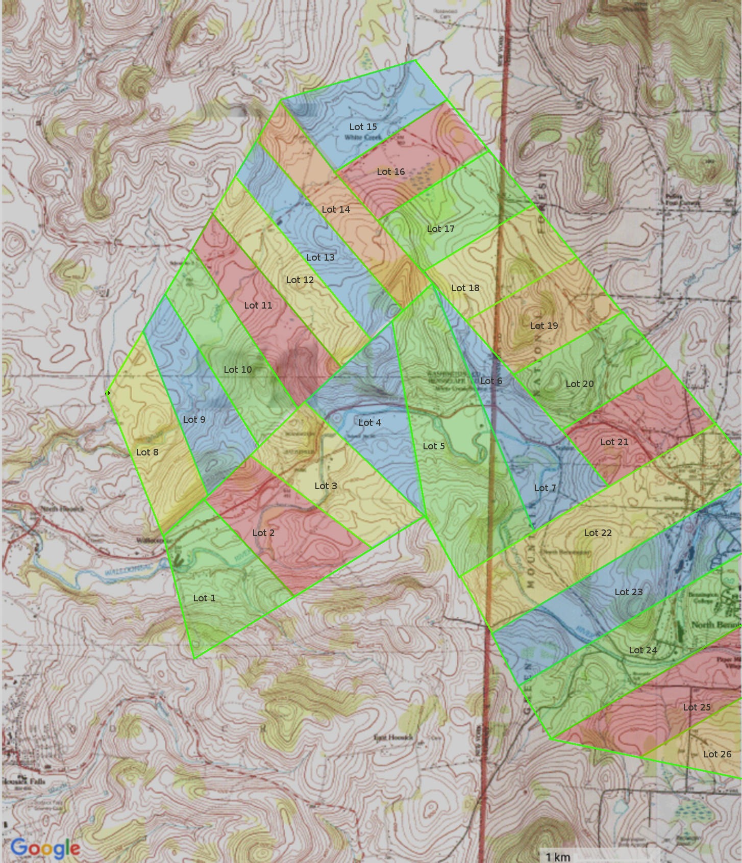 A topographic map of White Creek, New York, overlaid with the boundaries of the Walloomsac Patent, a colonial land grant from 1739. The map features 26 color-coded lots outlined in green, numbered from 1 to 26, spread across hilly terrain with contour lines in shades of brown, green, and yellow. The Walloomsac River and Little White Creek are visible, flowing through the landscape, with Lot 4 centrally located and labeled. The map includes a 1 km scale and a Google logo, indicating a modern topographic base, highlighting the historical land divisions against the natural topography.