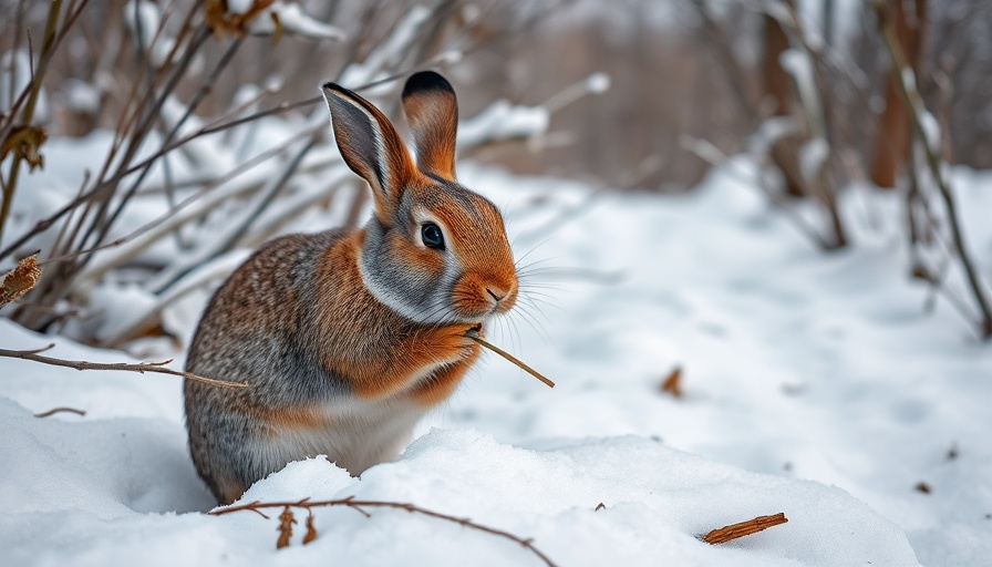 Wild rabbit in snowy Colorado nibbling on a branch