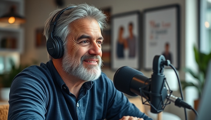Mature man smiling during podcast, effective communication theme.