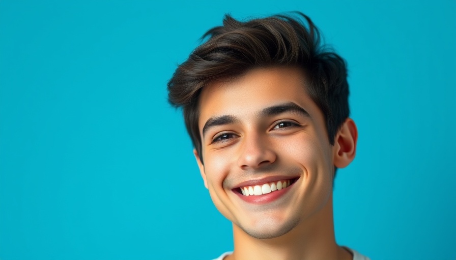 Portrait of a smiling young man in front of a blue background.