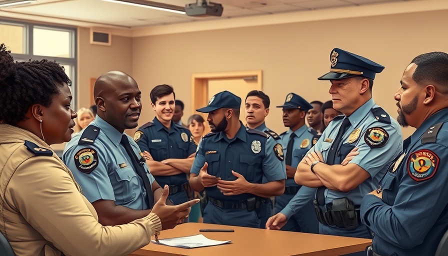 Police reform strategies illustrated by officers in a community meeting