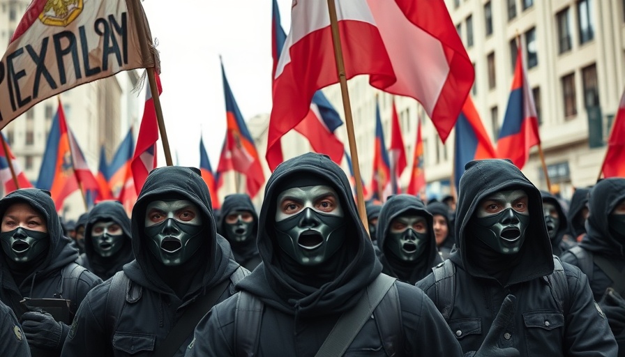 Masked protestors carrying flags in a city march.