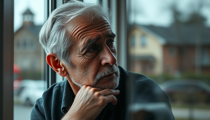 Reflective older man deep in thought, sitting by window.