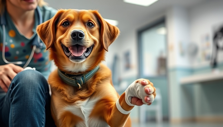 Dog with bandaged paw sitting beside owner in a vet clinic.