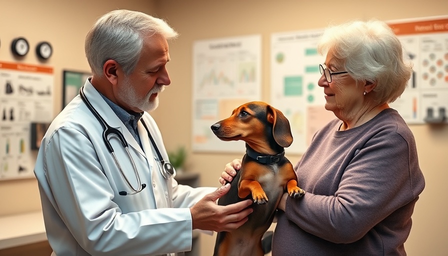 Collaborative conversation in veterinary care setting with a veterinarian and pet owner.